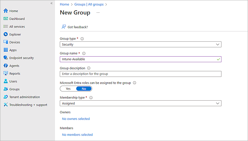 Screenshot of New Group page